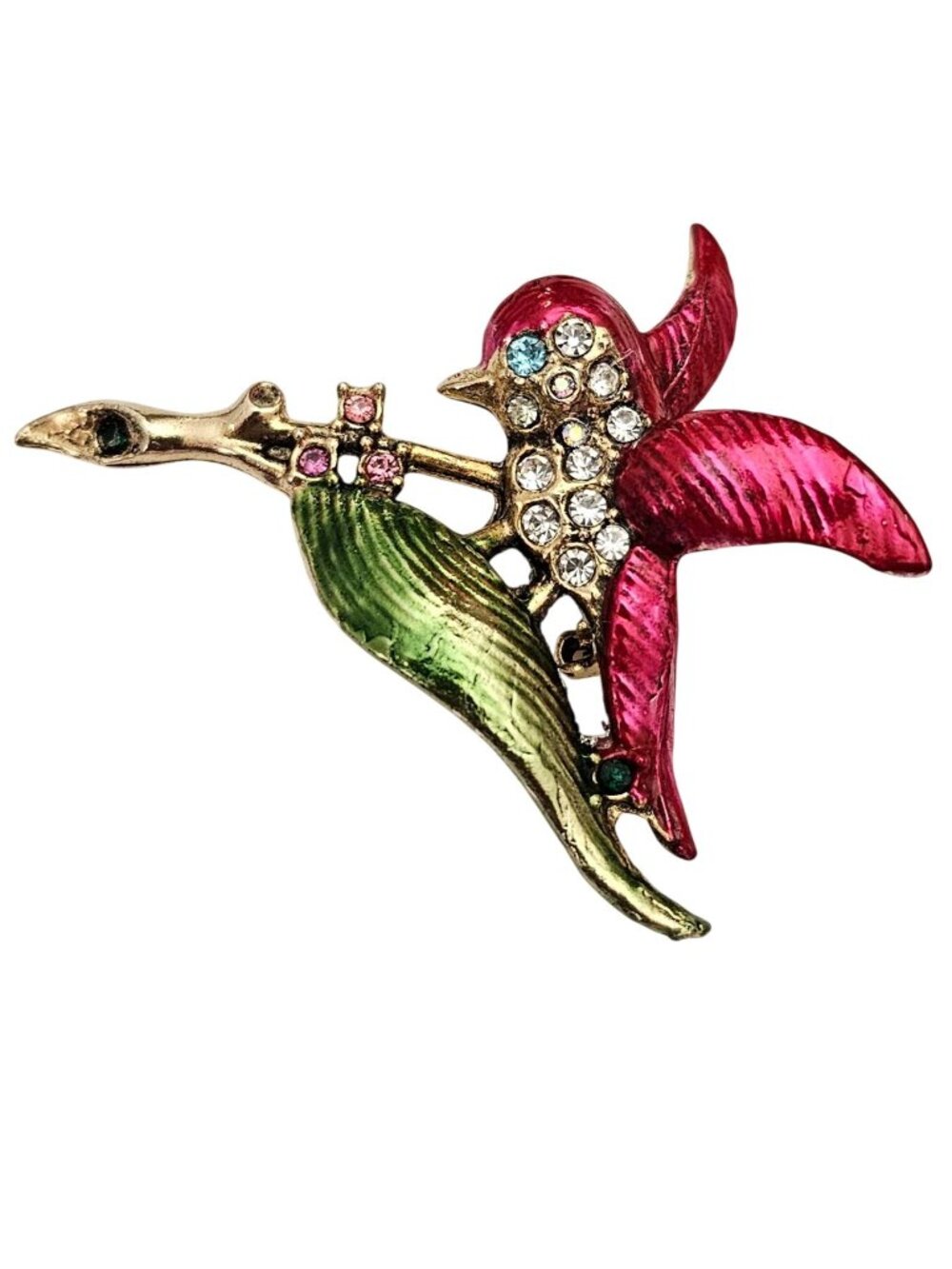 Red Bird Rhinestone Brooch Green Enamel Leaf, 1940-50's Pin J853